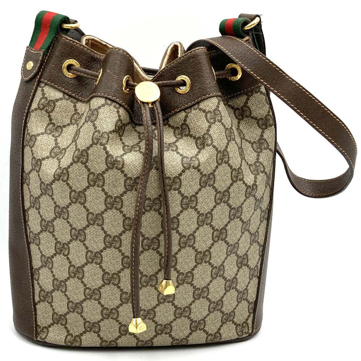 GUCCI グッチ ショルダーバッグ 巾着型 GGスプリーム レザー ブラウン オールド ヴィンテージ