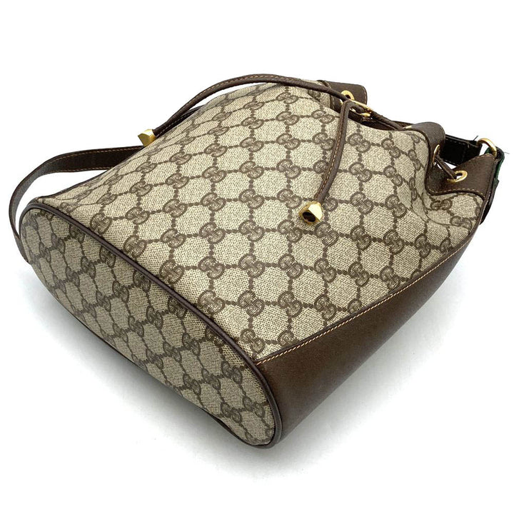 GUCCI グッチ ショルダーバッグ 巾着型 GGスプリーム レザー ブラウン オールド ヴィンテージ