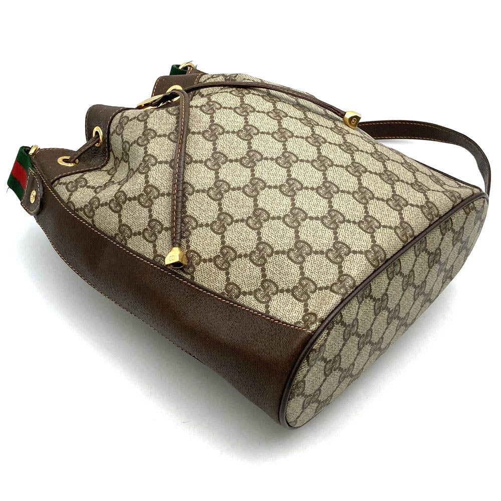 GUCCI グッチ ショルダーバッグ 巾着型 GGスプリーム レザー ブラウン オールド ヴィンテージ
