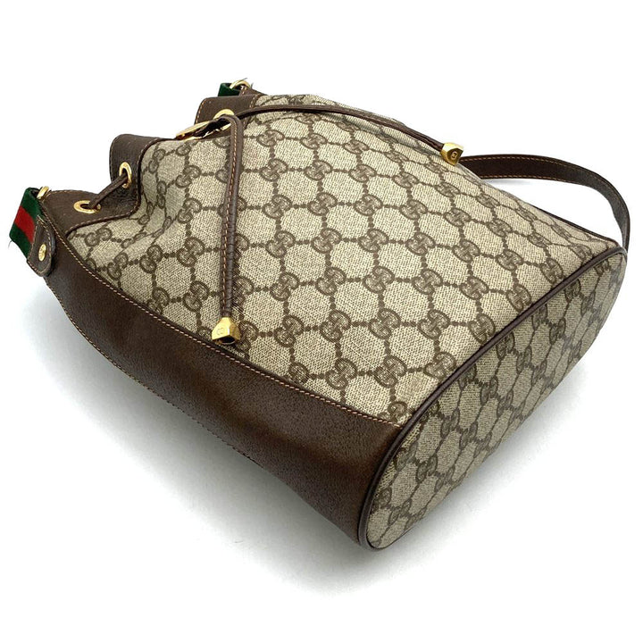 GUCCI グッチ ショルダーバッグ 巾着型 GGスプリーム レザー ブラウン オールド ヴィンテージ