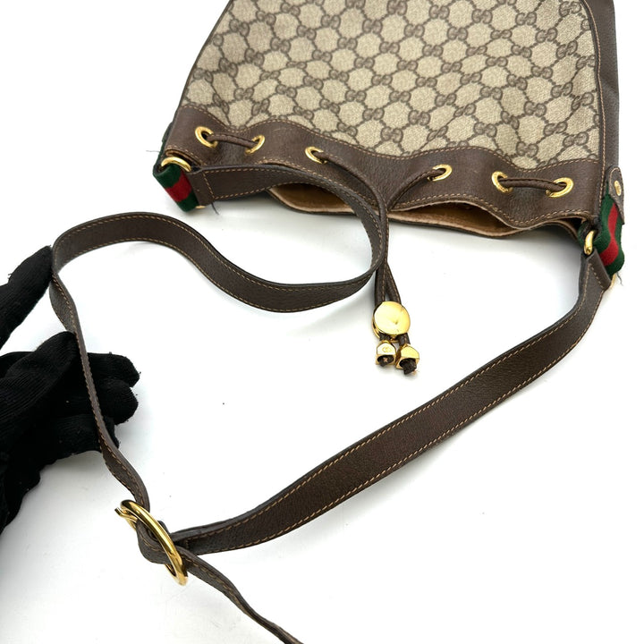 GUCCI グッチ ショルダーバッグ 巾着型 GGスプリーム レザー ブラウン オールド ヴィンテージ