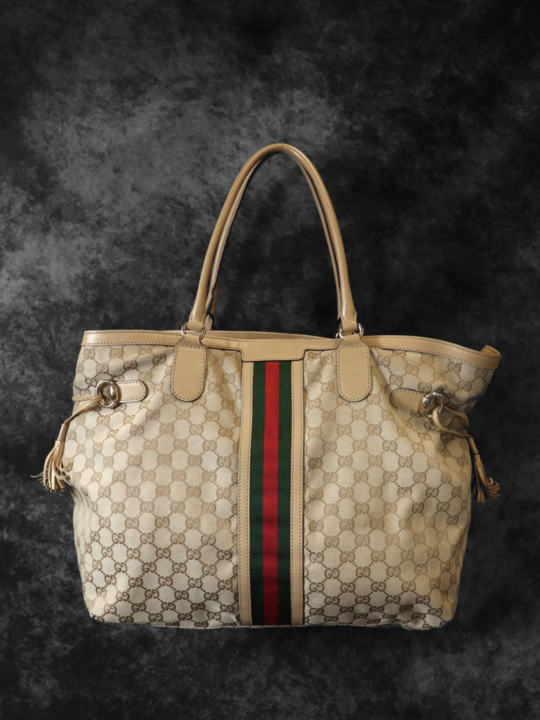 GUCCI グッチ 232969 GGキャンバス シェリーライン トートバッグ タッセル レザー ベージュ