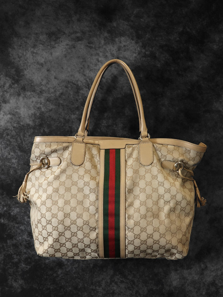 GUCCI グッチ 232969 GGキャンバス シェリーライン トートバッグ タッセル レザー ベージュ