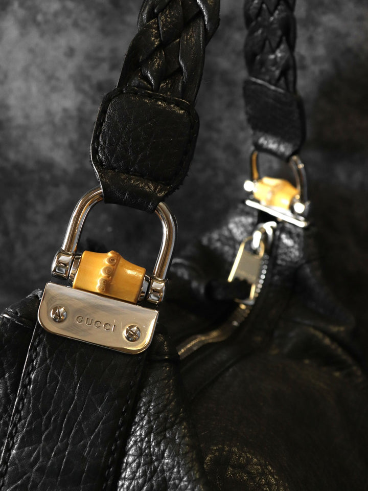 GUCCI グッチ 257090 ハンドバッグ ショルダーバッグ バンブー 編み込みハンドル レザー ブラック