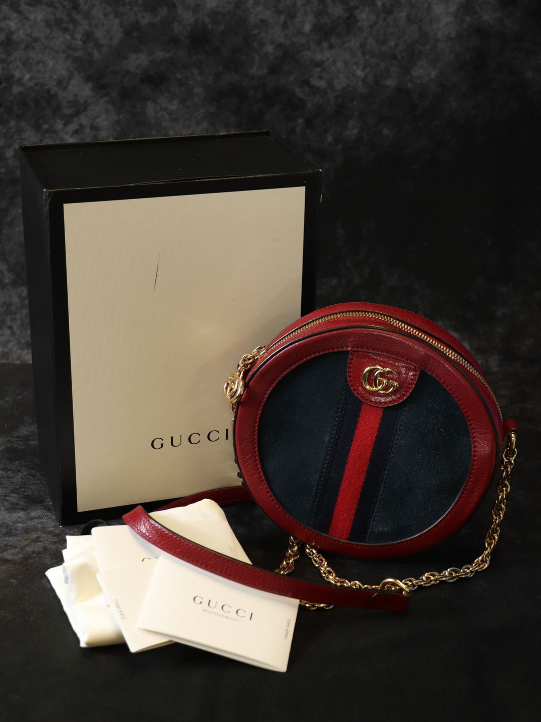GUCCI グッチ GGマーモント シェリーライン ミニラウンド オフィディア 550618 ショルダーバッグ スウェード/レザー レッド ネイビー