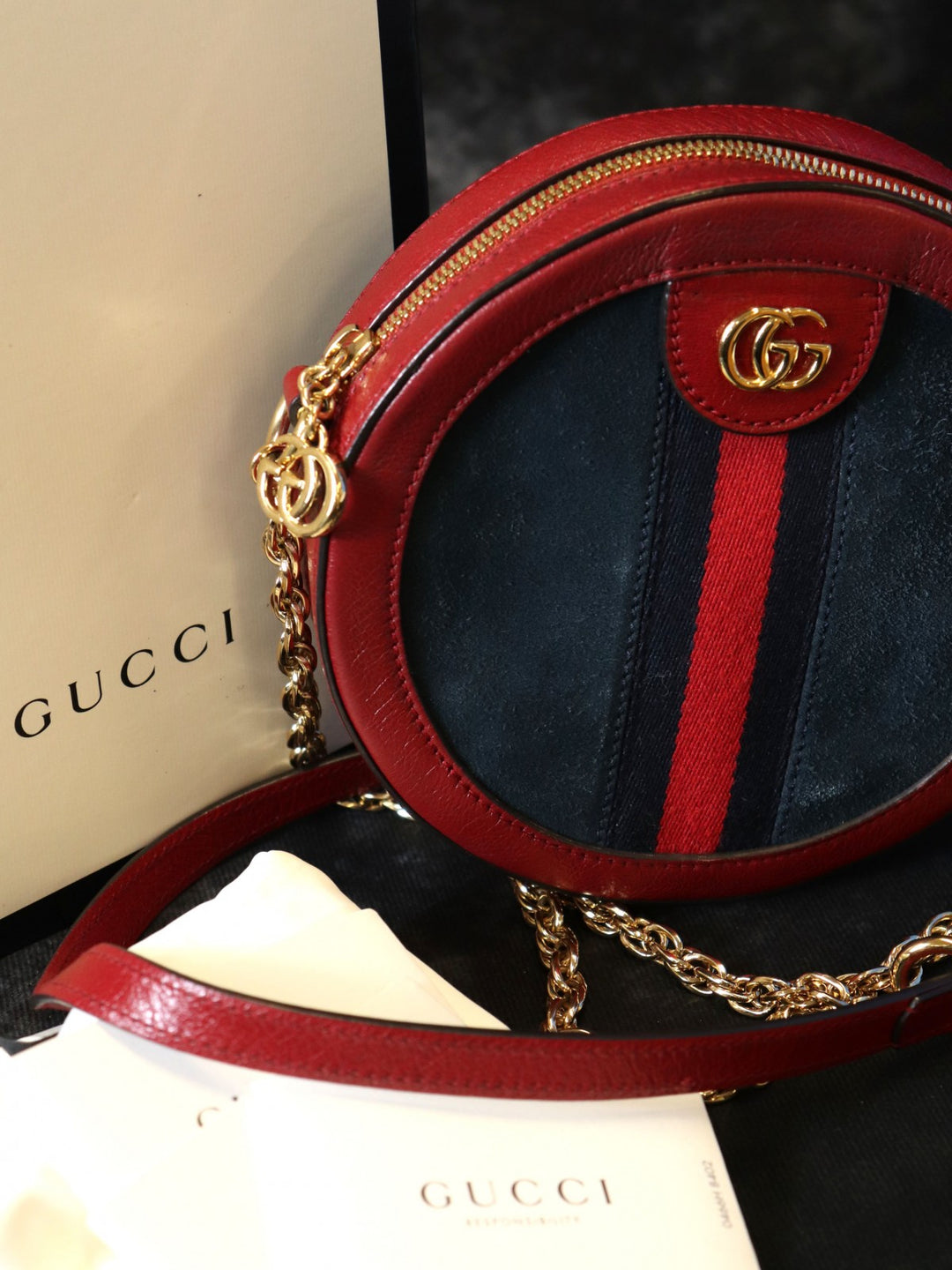 GUCCI グッチ GGマーモント シェリーライン ミニラウンド オフィディア 550618 ショルダーバッグ スウェード/レザー レッド ネイビー