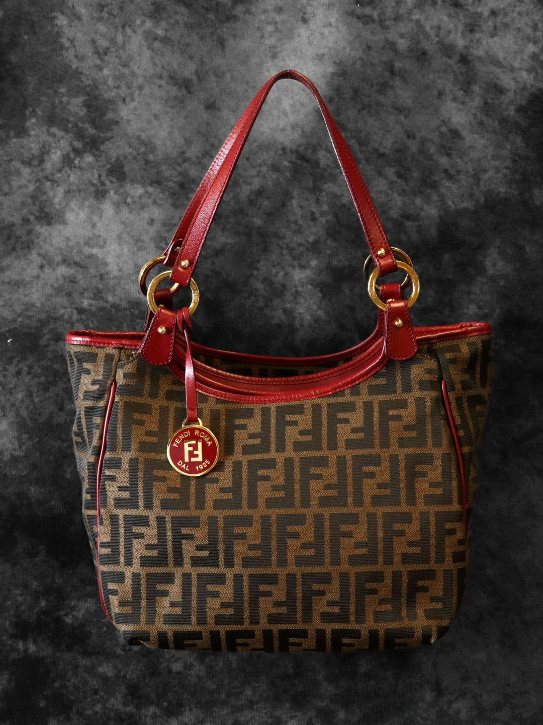 FENDI フェンディ 8BH156 ズッカ ハンドバッグ トートバッグ キャンバス ブラウン レッド