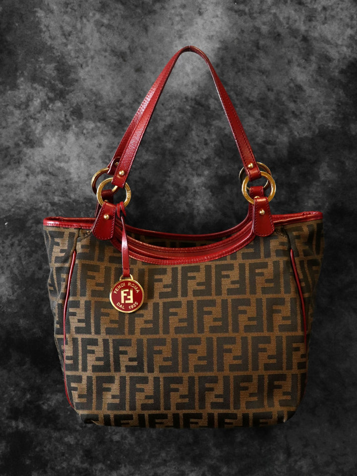 FENDI フェンディ 8BH156 ズッカ ハンドバッグ トートバッグ キャンバス ブラウン レッド