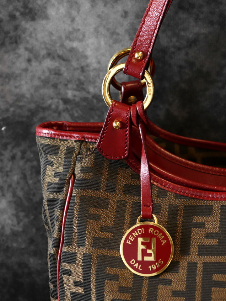 FENDI フェンディ 8BH156 ズッカ ハンドバッグ トートバッグ キャンバス ブラウン レッド