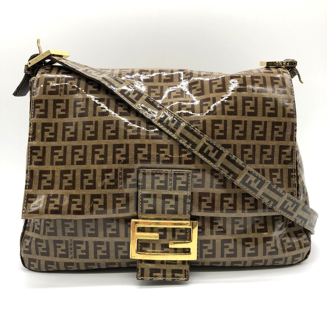 FENDI フェンディ マンマバゲット ショルダーバッグ ブラウン 茶 ビニール/レザー ズッキーノ 総柄