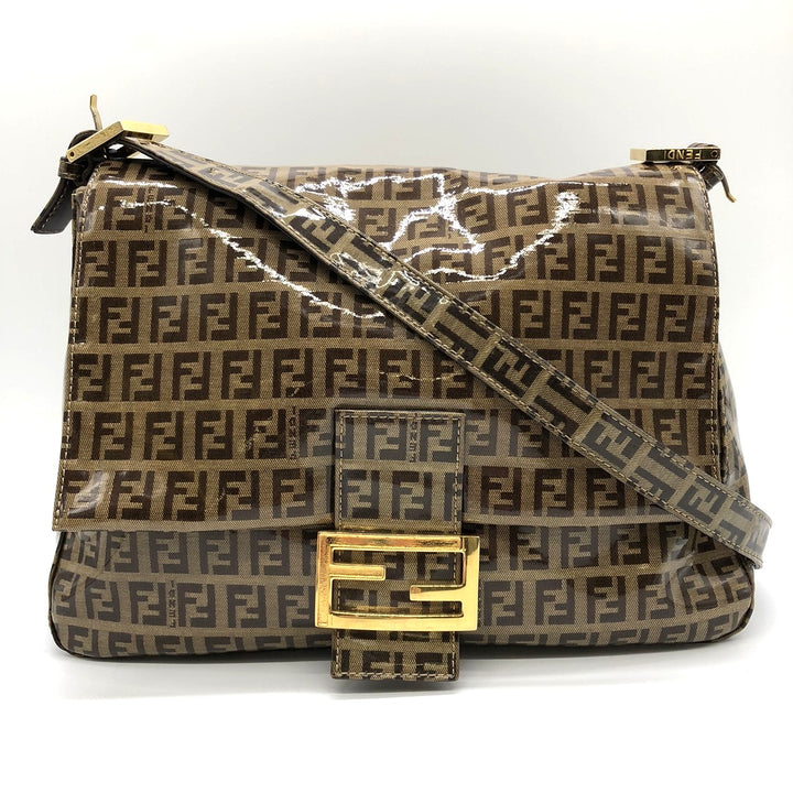 FENDI フェンディ マンマバゲット ショルダーバッグ ブラウン 茶 ビニール/レザー ズッキーノ 総柄