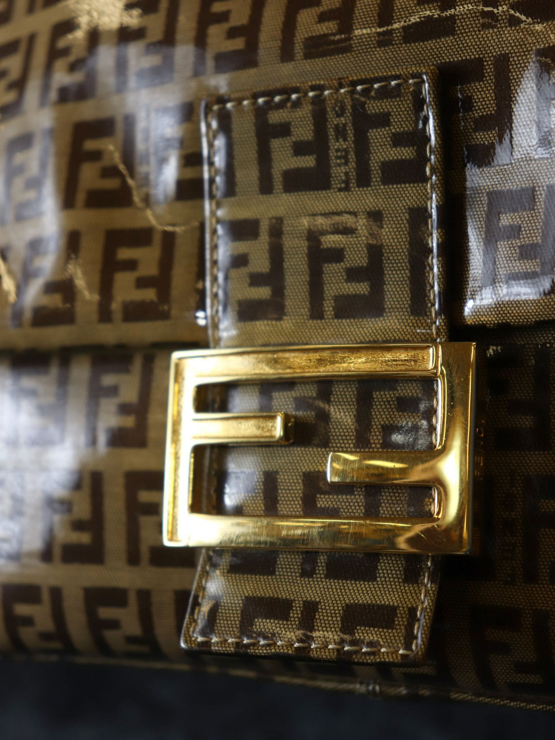 FENDI フェンディ マンマバゲット ショルダーバッグ ブラウン 茶 ビニール/レザー ズッキーノ 総柄