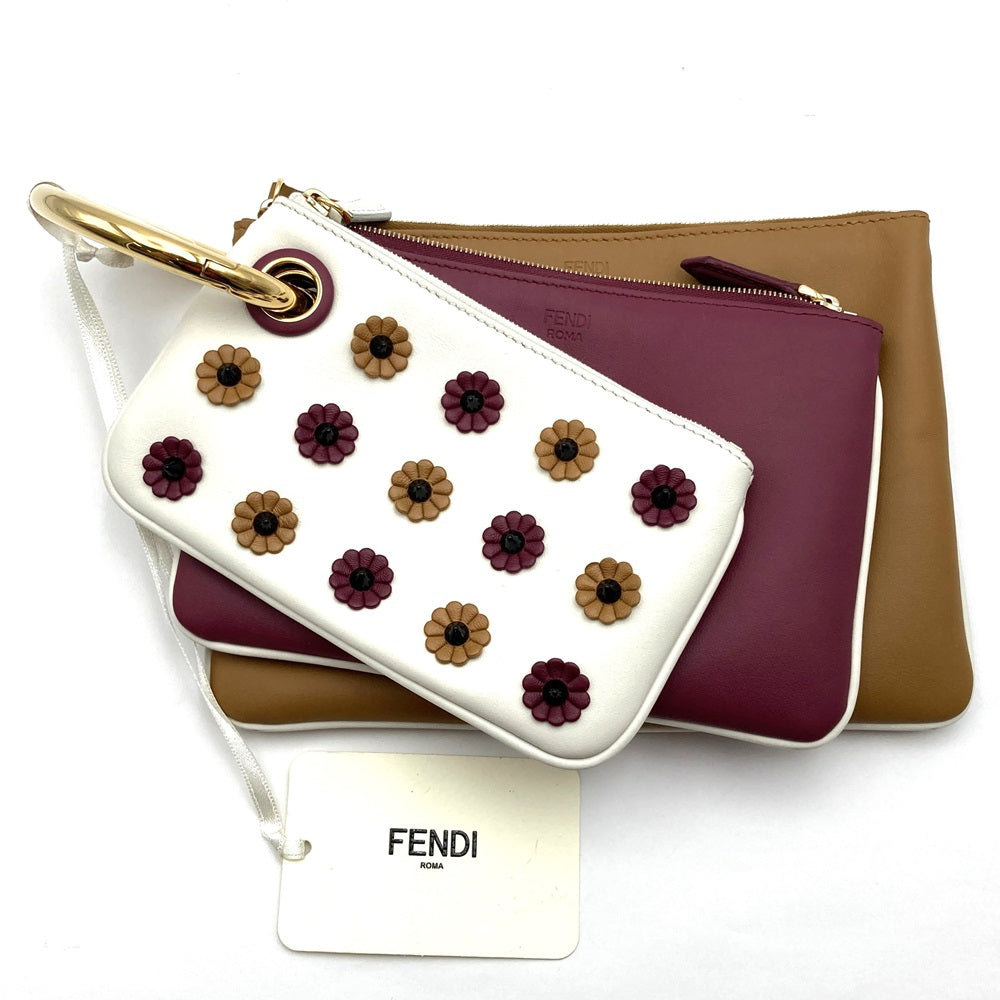 FENDI フェンディ トリプレット 8BS001A1FS ３連ポーチ レザー クラッチバッグ フラワー ホワイト/レッド/ブラウン