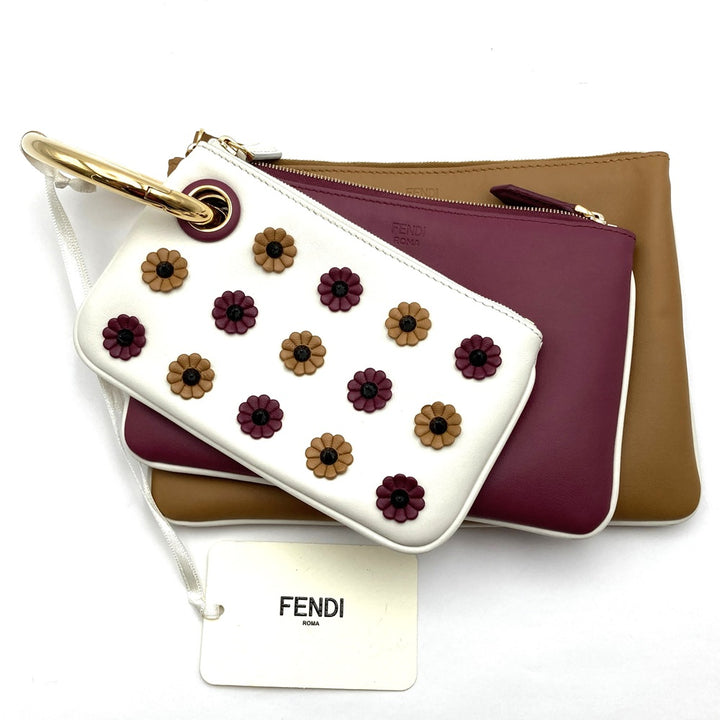 FENDI フェンディ トリプレット 8BS001A1FS ３連ポーチ レザー クラッチバッグ フラワー ホワイト/レッド/ブラウン