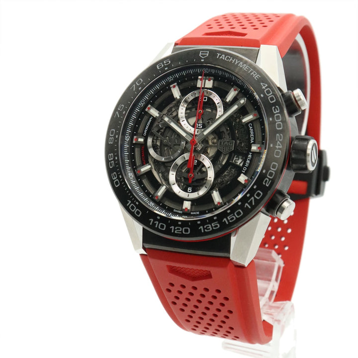 美品 TAG HEUER タグホイヤー カレラ キャリバーホイヤー01 CAR2A1Z 腕時計 自動巻き ラバー レッド ブラック