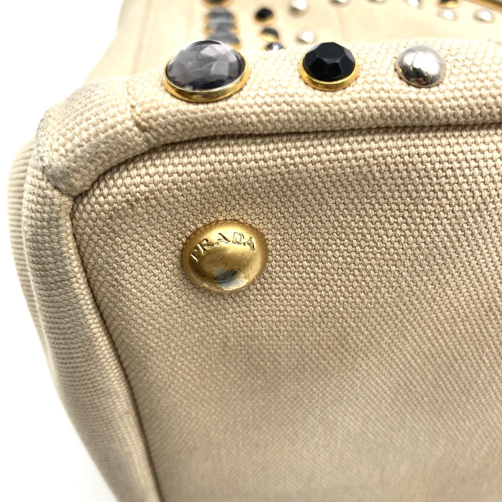 PRADA プラダ カナパビジュー トートバッグ ハンドバッグ スタッズ キャンバス ベージュ アイボリー