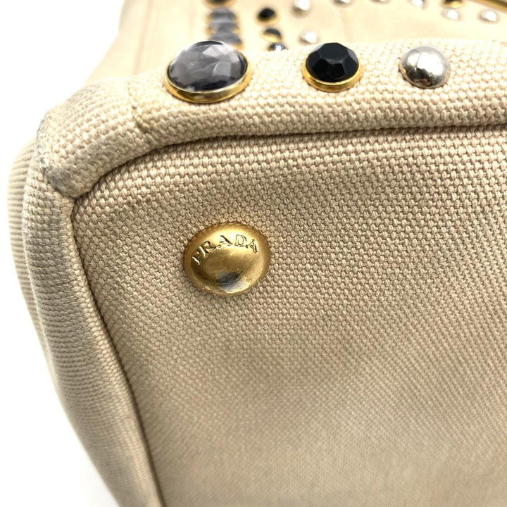 PRADA プラダ カナパビジュー トートバッグ ハンドバッグ スタッズ キャンバス ベージュ アイボリー