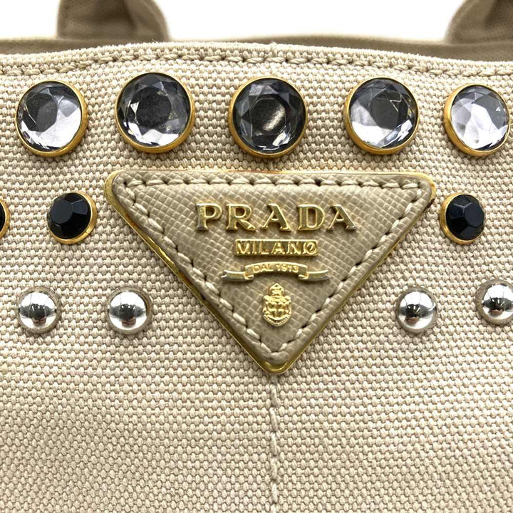 PRADA プラダ カナパビジュー トートバッグ ハンドバッグ スタッズ キャンバス ベージュ アイボリー