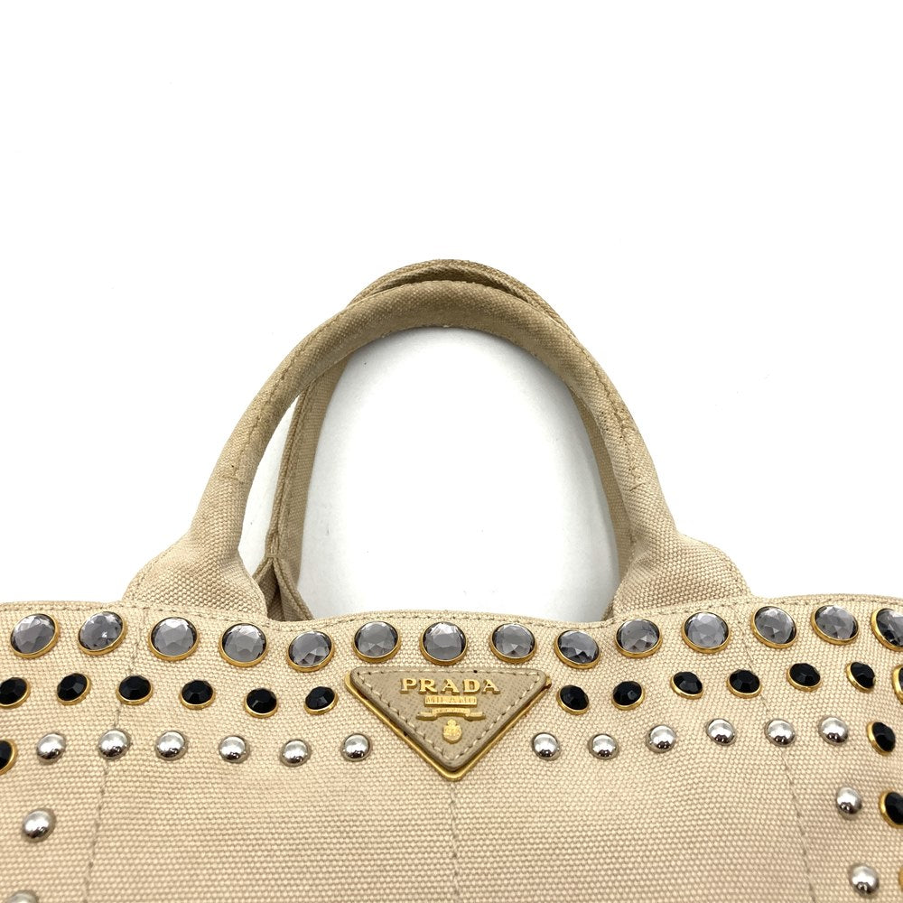 PRADA プラダ カナパビジュー トートバッグ ハンドバッグ スタッズ キャンバス ベージュ アイボリー
