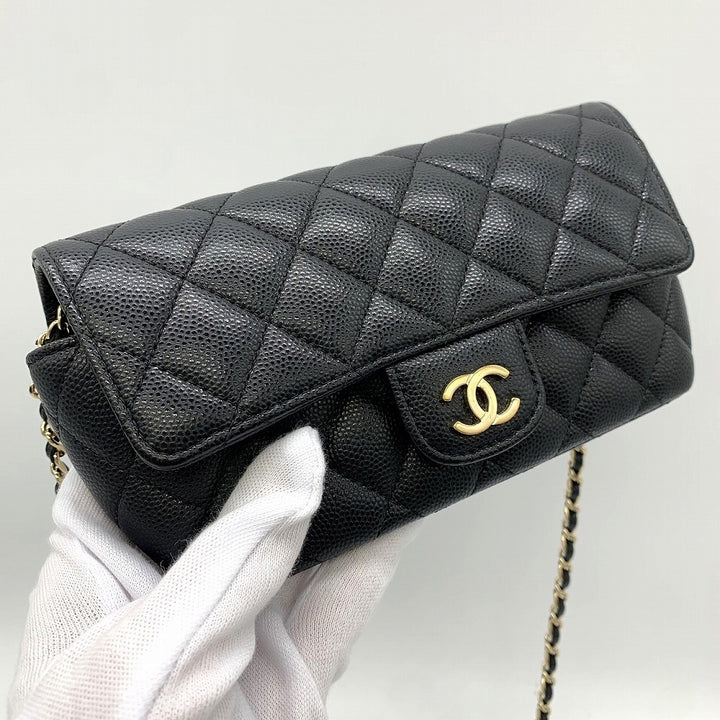 CHANEL シャネル アイウェアケース チェーンショルダーメガネサングラスケース キャビアスキンレザー ブラック 黒 ゴールド金具