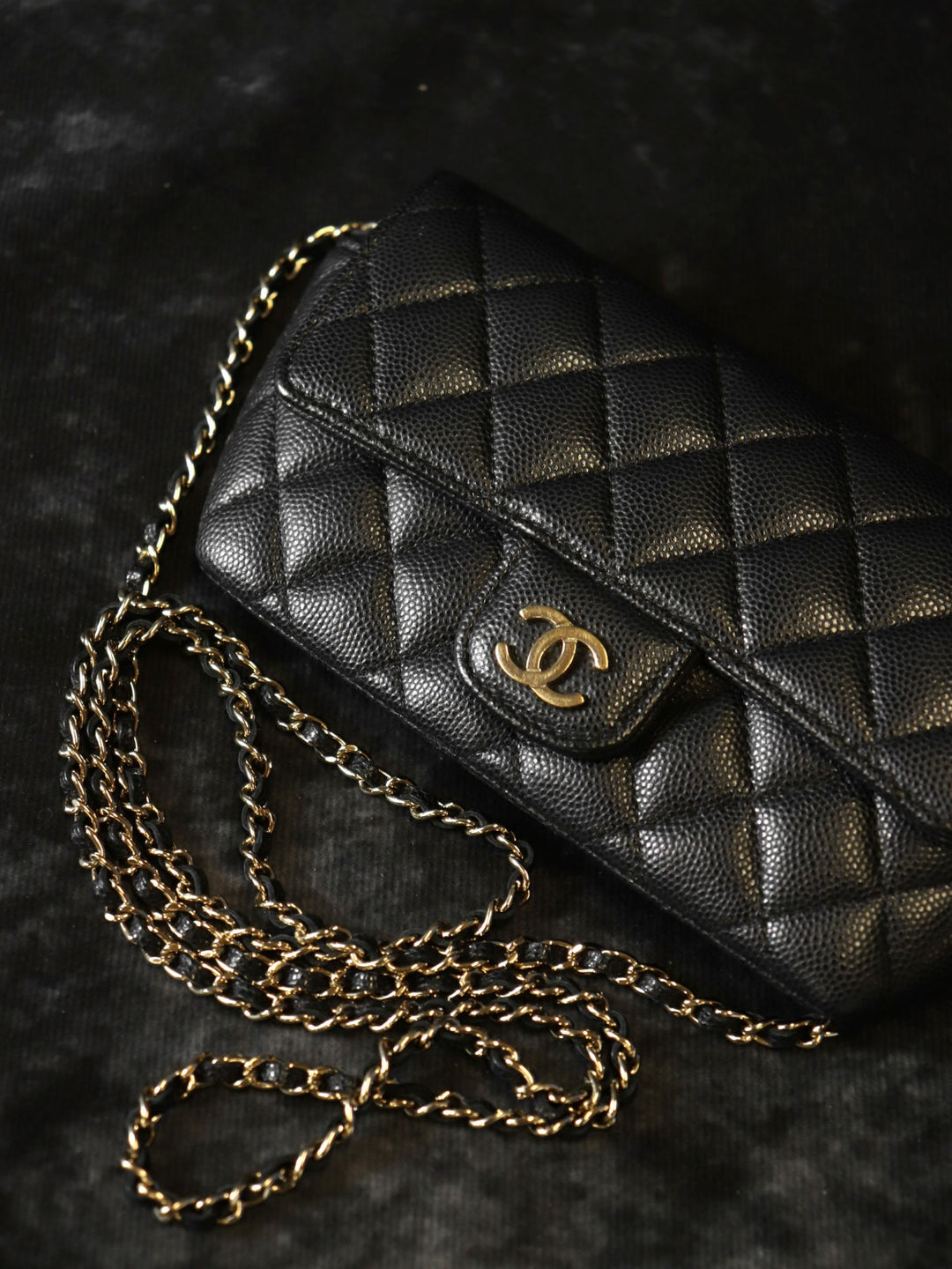CHANEL シャネル アイウェアケース チェーンショルダーメガネサングラスケース キャビアスキンレザー ブラック 黒 ゴールド金具