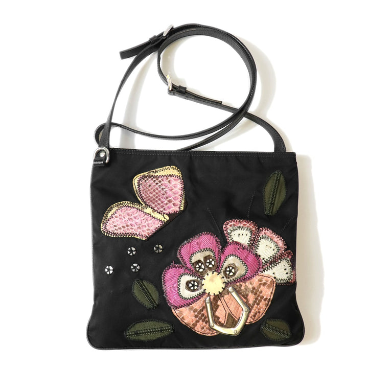 PRADA プラダ フラワー刺繍 ショルダーバッグ 薄型 サコッシュ ナイロン/パイソン ブラック