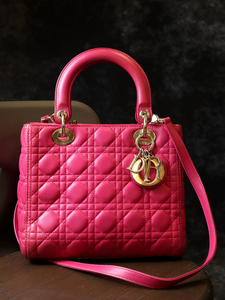Dior ディオール レディディオール ミディアム 2way ショルダーバッグ ハンドバッグ レザー ピンク ゴールド金具
