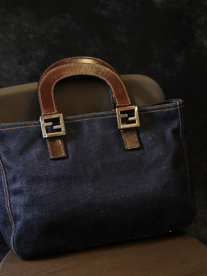 FENDI フェンディ ハンドバッグ トートバッグ デニム レザー ネイビー