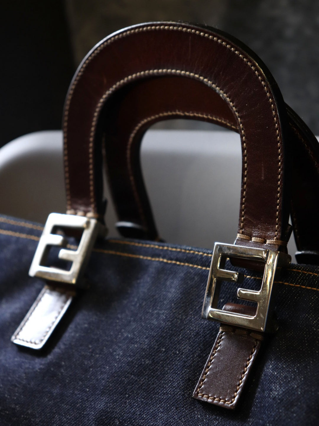FENDI フェンディ ハンドバッグ トートバッグ デニム レザー ネイビー