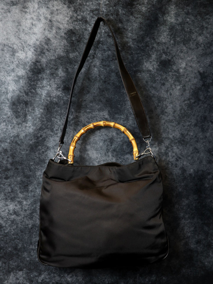 GUCCI グッチ 001 1705 バンブー ショルダーバッグ ナイロン レザー ブラウン ヴィンテージ オールド ブランド