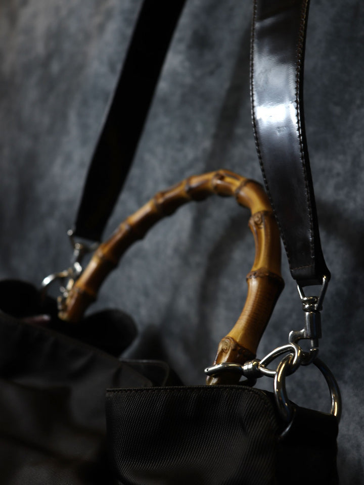 GUCCI グッチ 001 1705 バンブー ショルダーバッグ ナイロン レザー ブラウン ヴィンテージ オールド ブランド