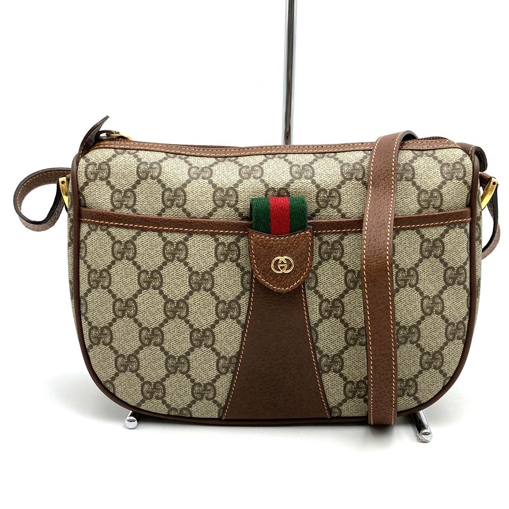 GUCCI グッチ オールドグッチ 001・58 シェリー GGスプリーム ショルダーバッグ PVC レザー ベージュ ブラウン 　ヴィンテージ