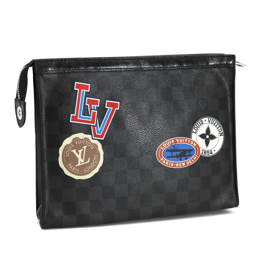LOUIS VUITTON ルイ・ヴィトン ポシェットヴォワヤージュMM N64442 LVリーグ クラッチバッグ ダミエグラフィットキャンバス ワッペン ラベル ブラック