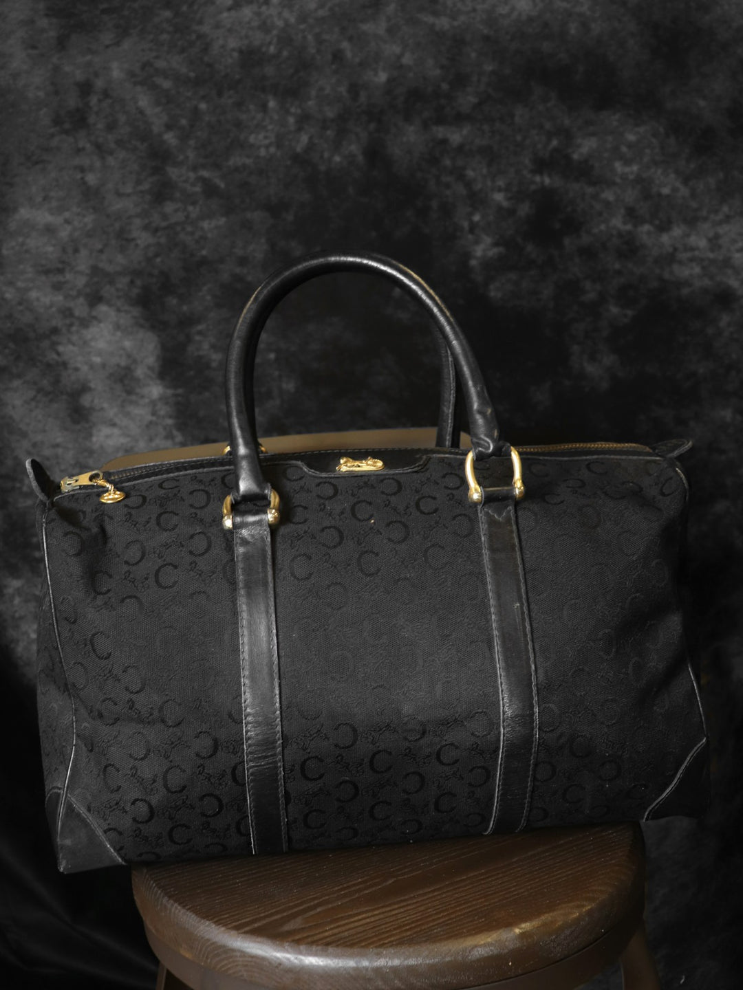 CELINE セリーヌ Cマカダム ボストンバッグ ハンドバッグ キャンバス レザー ブラック オールド ヴィンテージ