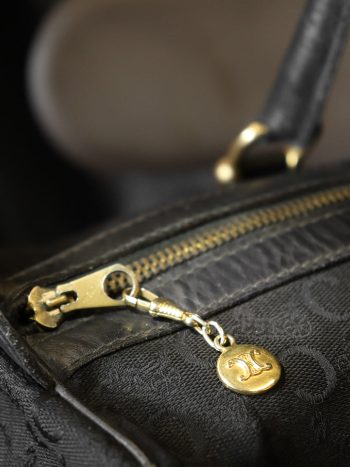 CELINE セリーヌ Cマカダム ボストンバッグ ハンドバッグ キャンバス レザー ブラック オールド ヴィンテージ