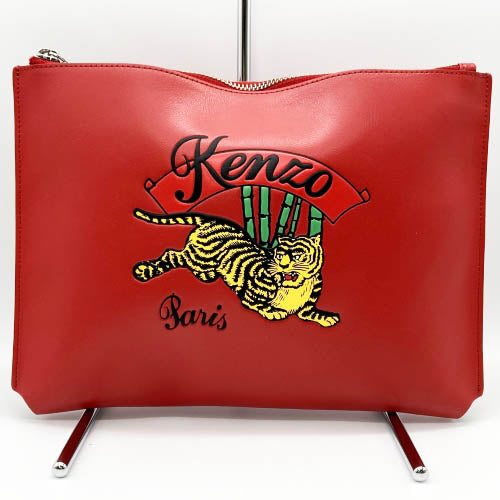 美品 KENZO ケンゾー セカンドバッグ クラッチバッグ ポーチ 虎 タイガー レッド レザー 小物