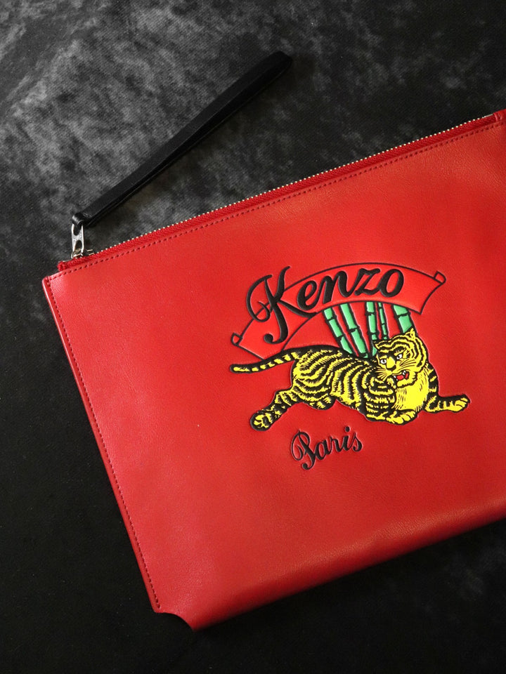 美品 KENZO ケンゾー セカンドバッグ クラッチバッグ ポーチ 虎 タイガー レッド レザー 小物