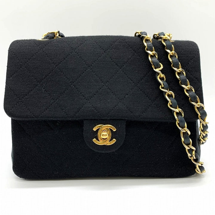 CHANEL シャネル チェーンショルダーバッグ マトラッセ ヴィンテージ コットンジャージ/レザー ブラック 黒 ゴールド金具