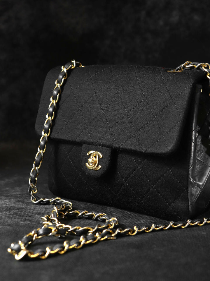 CHANEL シャネル チェーンショルダーバッグ マトラッセ ヴィンテージ コットンジャージ/レザー ブラック 黒 ゴールド金具