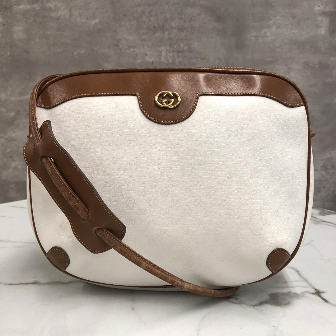 GUCCI オールドグッチ 0001 104 0558 ショルダーバッグ ホワイト ブラウン マイクロGG PVC×レザー ブランド 訳あり