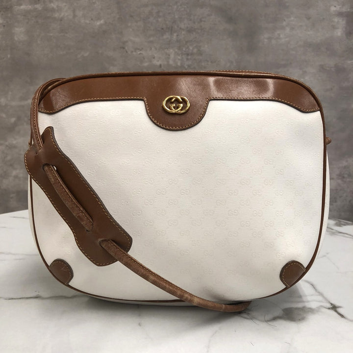 GUCCI オールドグッチ 0001 104 0558 ショルダーバッグ ホワイト ブラウン マイクロGG PVC×レザー ブランド 訳あり