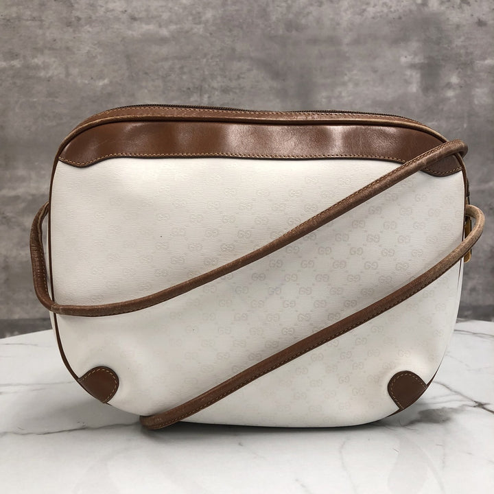 GUCCI オールドグッチ 0001 104 0558 ショルダーバッグ ホワイト ブラウン マイクロGG PVC×レザー ブランド 訳あり