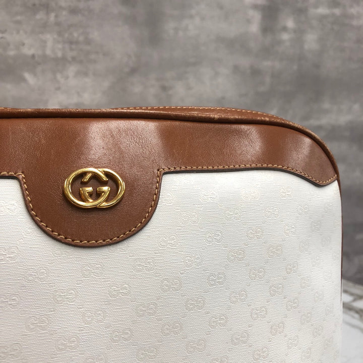 GUCCI オールドグッチ 0001 104 0558 ショルダーバッグ ホワイト ブラウン マイクロGG PVC×レザー ブランド 訳あり