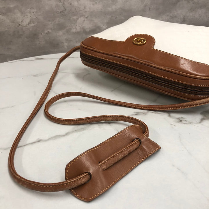 GUCCI オールドグッチ 0001 104 0558 ショルダーバッグ ホワイト ブラウン マイクロGG PVC×レザー ブランド 訳あり
