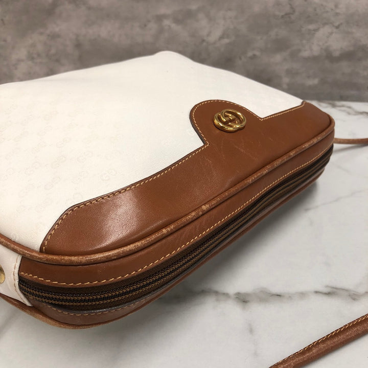 GUCCI オールドグッチ 0001 104 0558 ショルダーバッグ ホワイト ブラウン マイクロGG PVC×レザー ブランド 訳あり