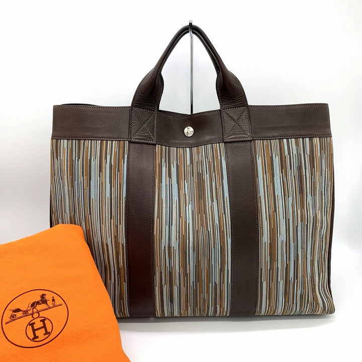 HERMES エルメス フールトゥMM ヴィブラート トートバッグ □E刻印 ビジネス A4入る レザー ブラウン ブルー