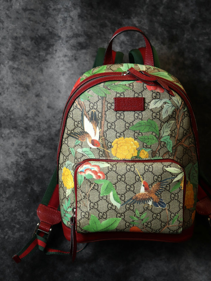 GUCCI グッチ 2016春夏ティアン 427042 リュック・デイパック 鳥花 マルチカラー グリーン/イエロー/レッド GGスプリームキャンバス/レザー