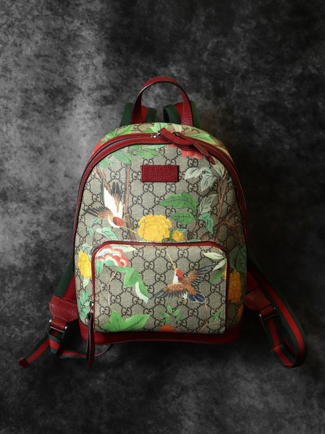 GUCCI グッチ 2016春夏ティアン 427042 リュック・デイパック 鳥花 マルチカラー グリーン/イエロー/レッド GGスプリームキャンバス/レザー