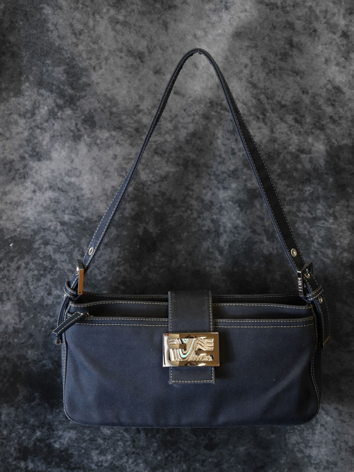 FENDI フェンディ 26772 ショルダーバッグ ハンドバッグ マンマ デニム マーブル キャンバス ネイビー