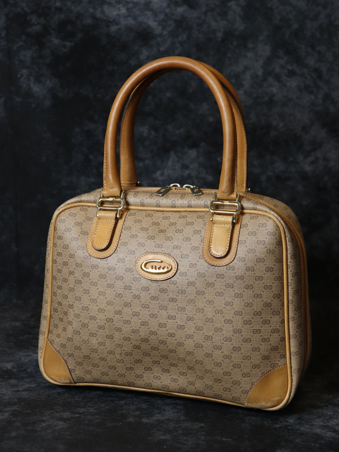 GUCCI オールドグッチ マイクロGG ハンドバッグ 大きく開く ヴィンテージ PVC/レザー ベージュ ブラウン